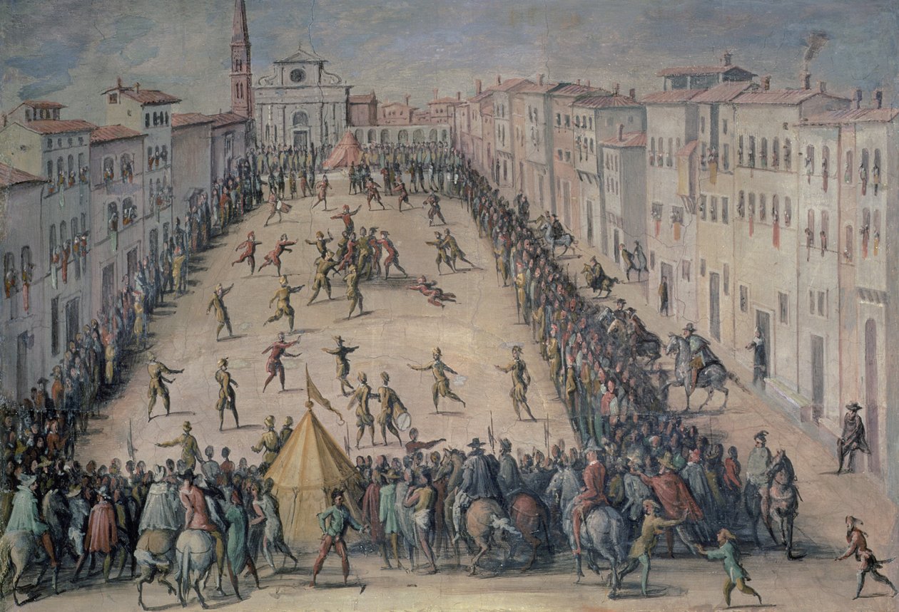 Jalkapallopeli Piazza Santa Maria Novellassa, Firenzessä, 1555 tekijältä Jan van der Straet
