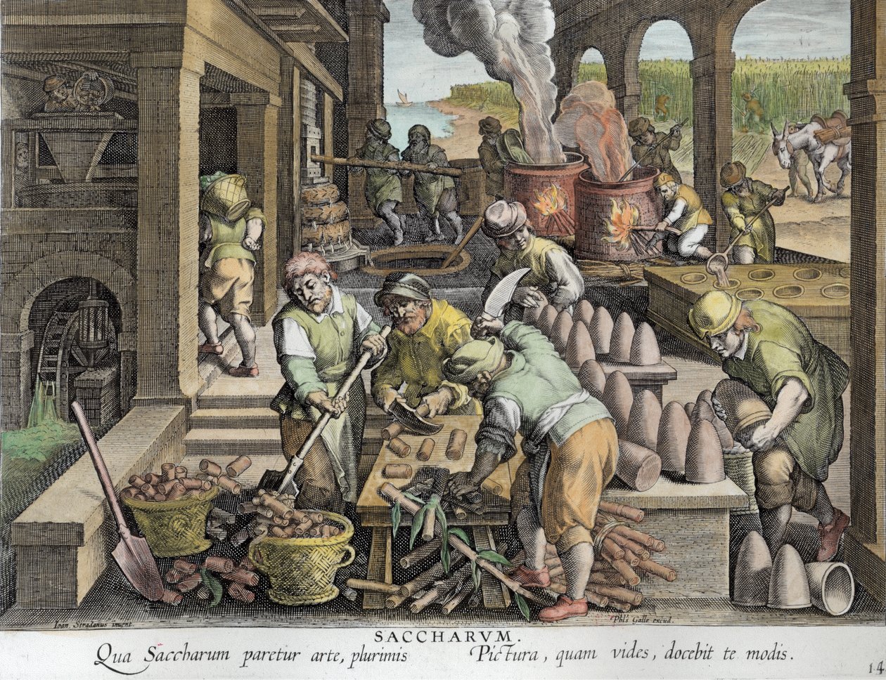 Sokeritehdas ja sokerileivän valmistus, kuva 14 teoksesta "Nova Reperta" (Uudet löydöt), kaiverrettu Philip Galle (1537-1612) noin 1600 (myöhempi väritys). tekijältä Jan van der Straet