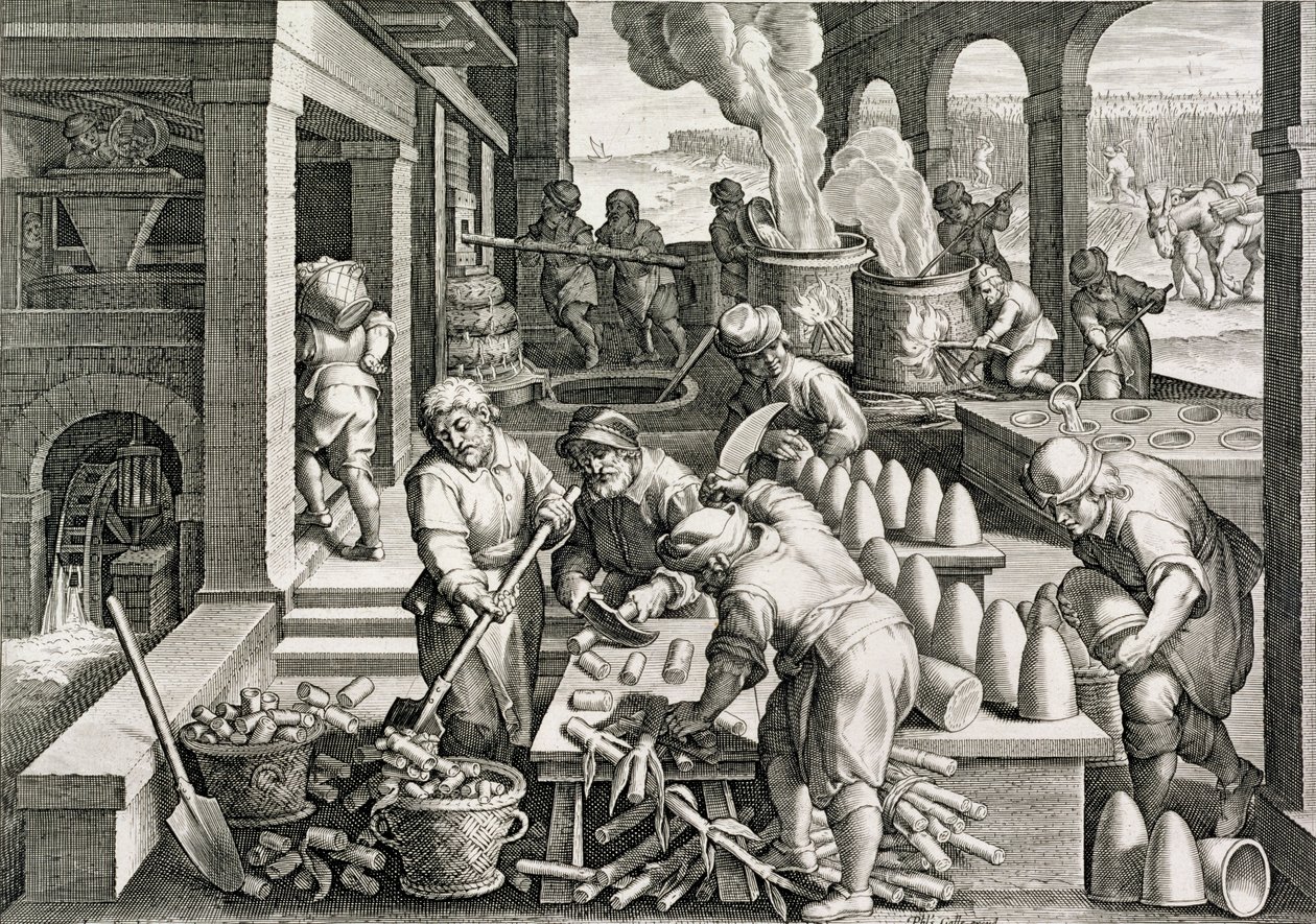 Sokeritehdas ja sokerileipien tuotanto, Philip Gallen (1537-1612) kaivertaman Nova Repertan (Uudet löydöt) levy 14 n. 1600 (katso myös 320917) tekijältä Jan van der Straet