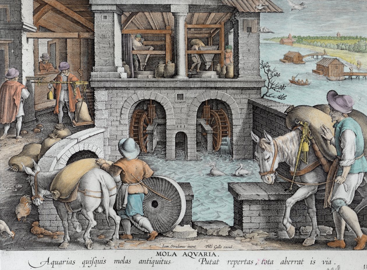Vesimylly, Philip Gallen (1537-1612) kaivertama Nova Repertan (Uudet löydöt) levy 11, n. 1600 (myöhempi väritys) tekijältä Jan van der Straet