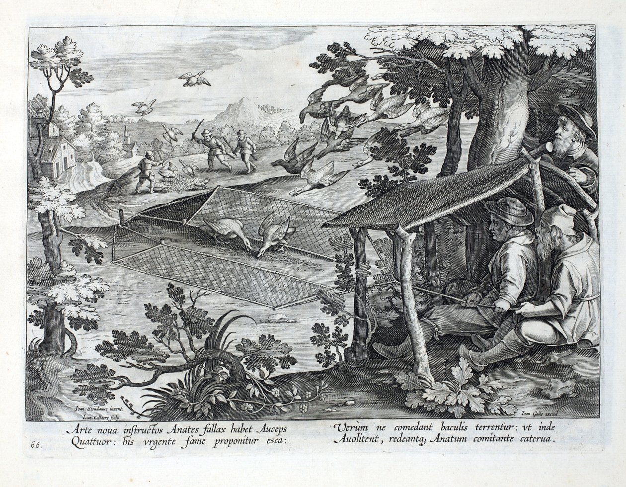 Uusi menetelmä ankkojen metsästykseen, kuvitus teoksesta "Venationes, Ferarum, Avium, Piscium" (Metsästys: Wild Beasts, Birds, Fish), kaiverrettu Jan Collaert (1566-1628), pub. kirjoittanut Phillipus Gallaeus, Amster tekijältä Jan van der Straet