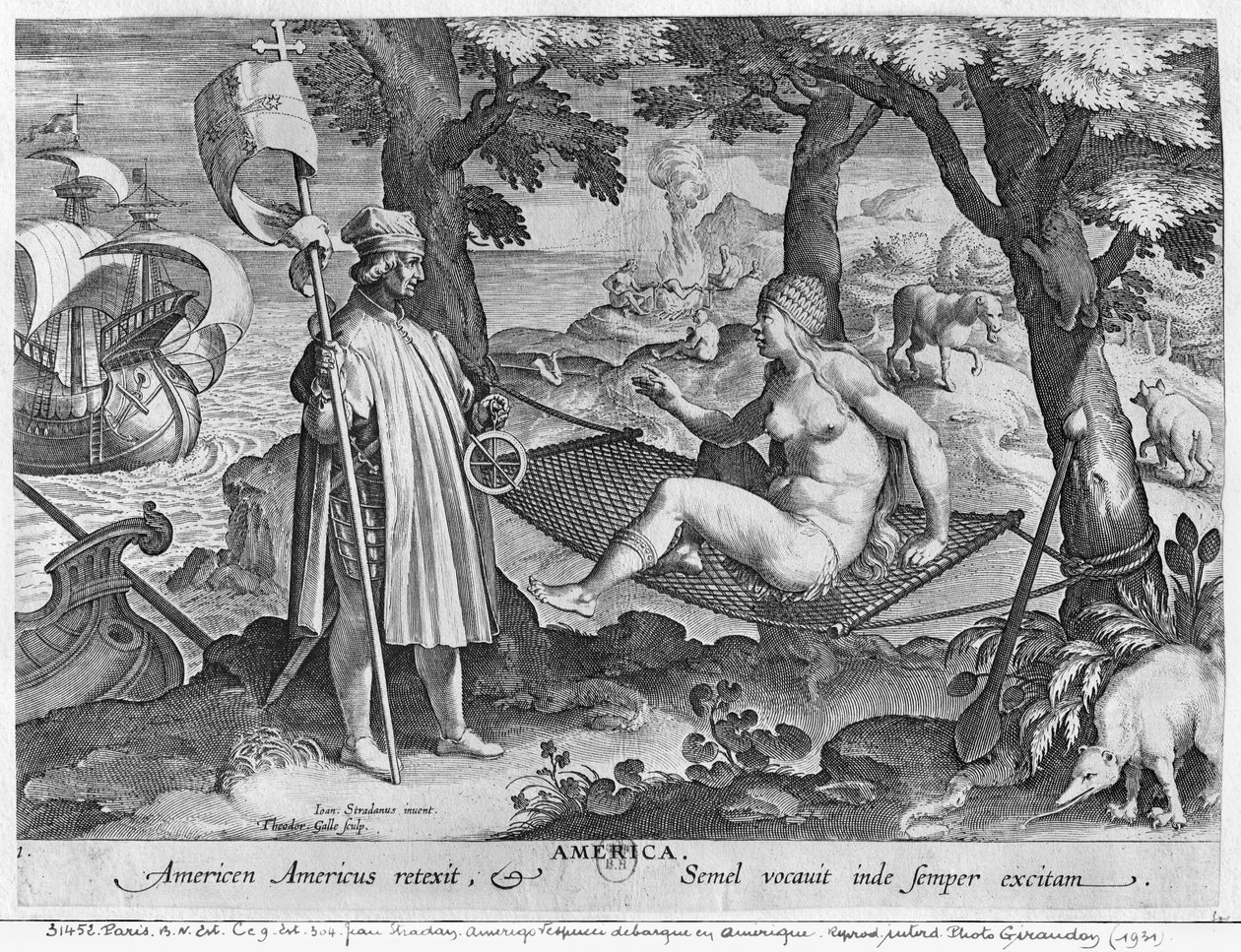 Amerigo Vespucci (1454-1512) laskeutui Amerikassa, kaiverrus Theodor Galle (1571-1633) tekijältä Jan van der Straet