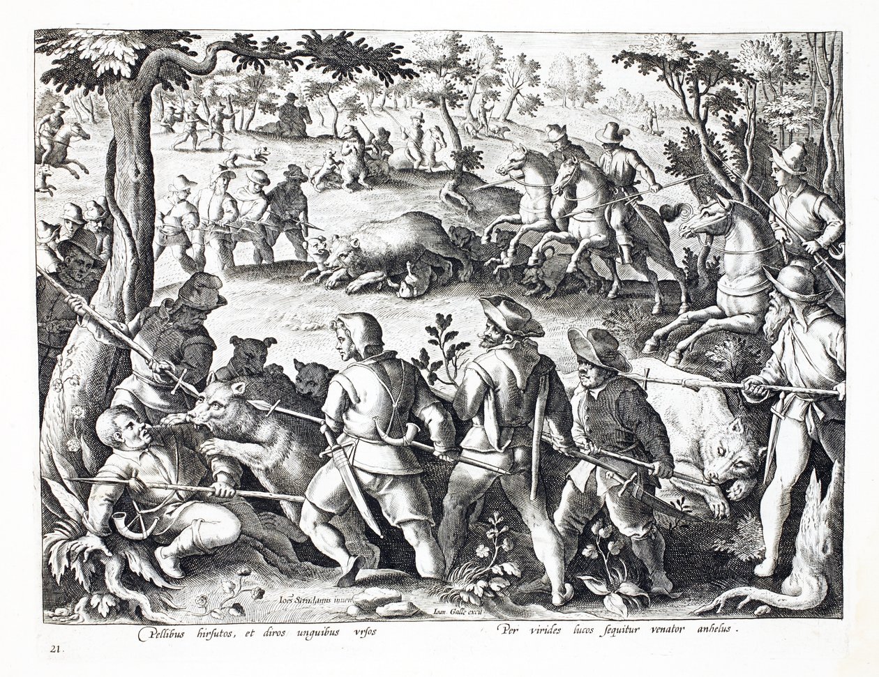 Karhunmetsästys koirien ja keihäiden kanssa, kuvitus teoksesta "Venationes, Ferarum, Avium, Piscium" (Metsästys: Wild Beasts, Birds, Fish), kaiverrus Jan Collaert (1566-1628), pub. kirjoittanut Phillipus Gallaeus, Ams tekijältä Jan van der Straet