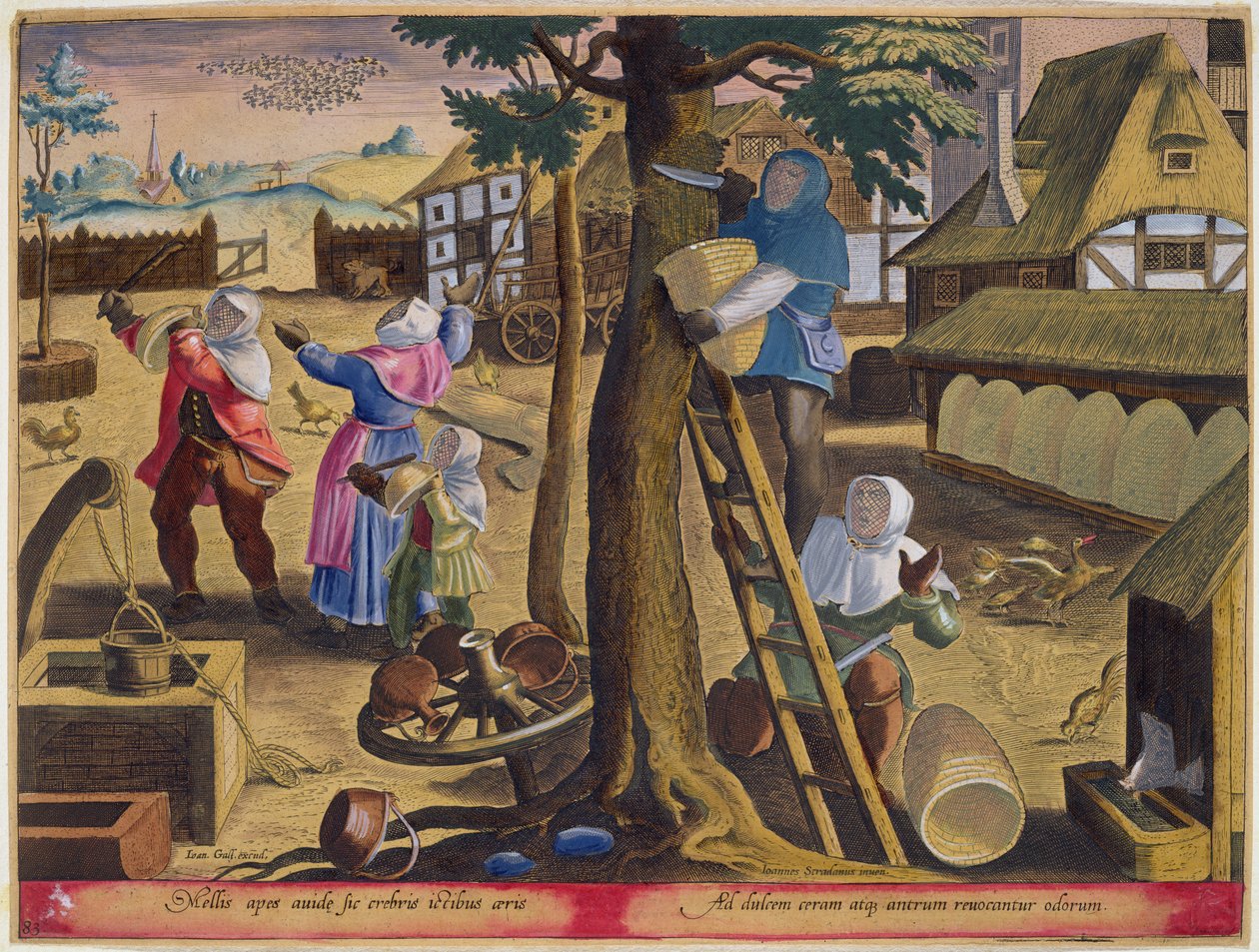 Mehiläishoitajat, levy 83 teoksesta "Venationes Ferarum, Avium, Piscium" (Metsästys: Wild Beasts, Birds, Fish), kaiverrettu Jan Collaert (1566-1628), julkaissut Phillipus Gallaeus of Amsterdam (käsinvärinen e tekijältä Jan van der Straet
