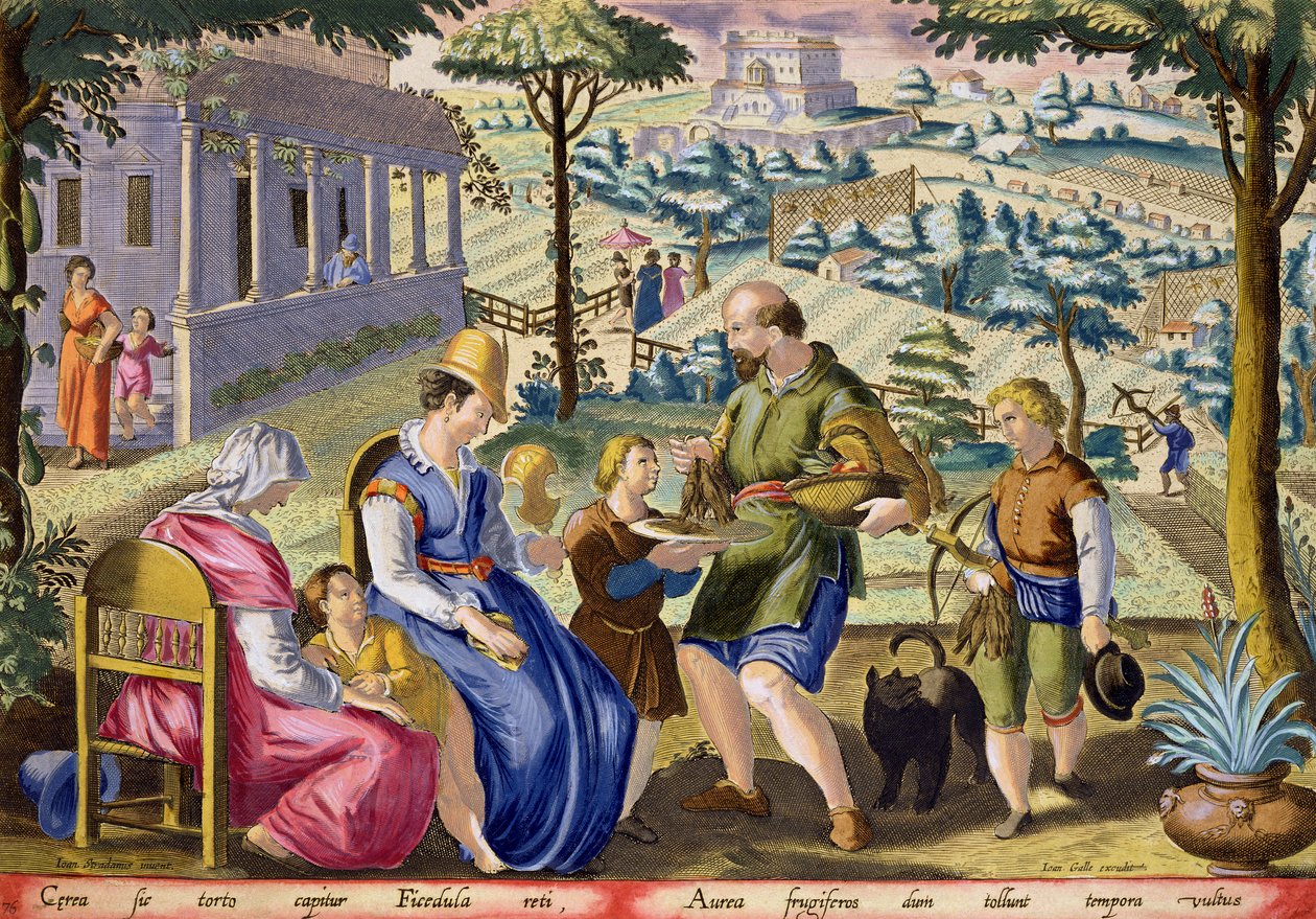 Linnunsieppaajat myyvät kuolleita lintuja, levy 76 julkaisusta "Venationes Ferarum, Avium, Piscium" (Metsästys: Wild Beasts, Birds, Fish), kaiverrettu Jan Collaert (1566-1628), julkaisija Phillipus Gallaeus Amstesta tekijältä Jan van der Straet