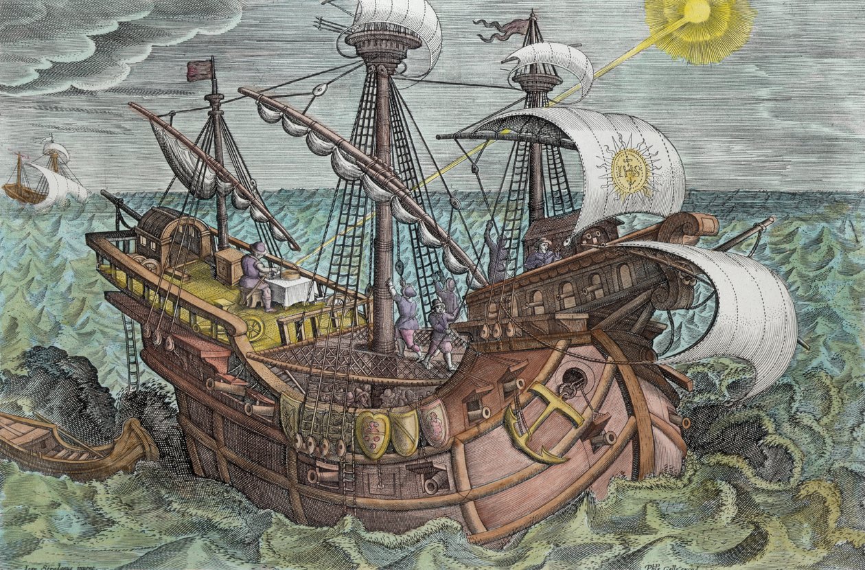 Pituusasteen laskeminen auringon deklinaation avulla, levy 17 teoksesta "Nova Reperta" (Uudet löydöt), kaiverrettu Philip Gallen (1537-1612) noin 1600 (myöhempi väritys). tekijältä Jan van der Straet