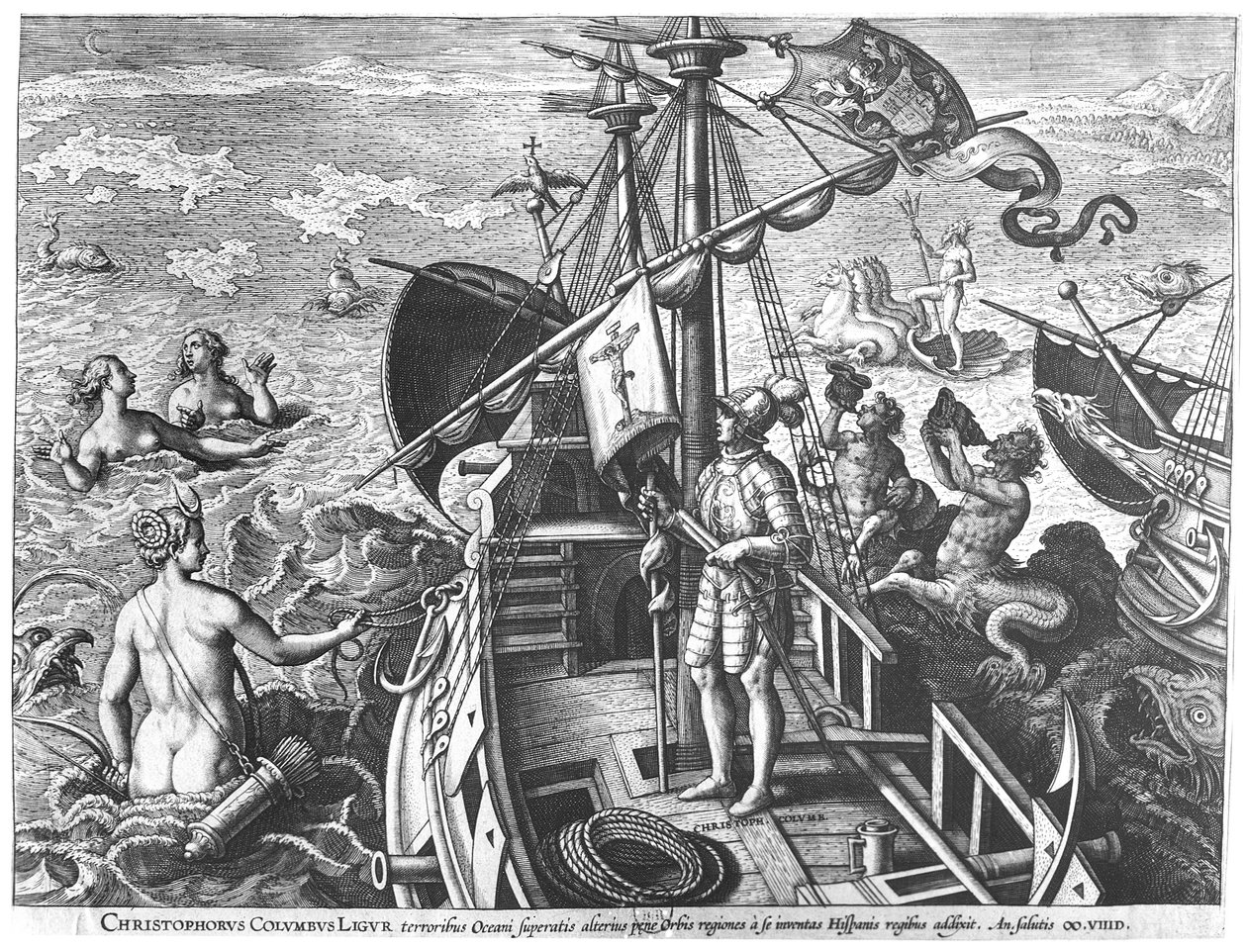Christopher Columbus (1451-1506) karavellillaan ja löysi Amerikan tekijältä Jan van der Straet
