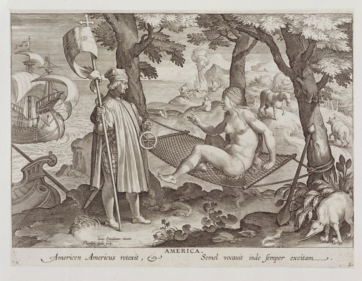 Columbus Discovering America, Theodor Gallen (1571-1633) kaivertaman Nova Repertan (Uudet löydöt) levy 2 n. 1600 tekijältä Jan van der Straet