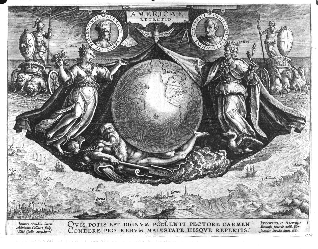 Amerikan löytö: Amerigo Vespuccin (1454-1512) ja Christopher Columbuksen (1451-1506) muotokuvat Jan Collaertin (1566-1628) kaiverrettuna, Philipp Gallen (1537-1612) painama n. 1600 (s. tekijältä Jan van der Straet