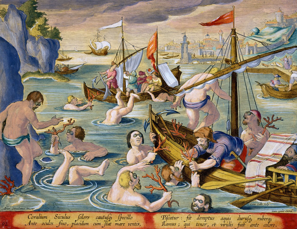 Sukellus korallille, levy 92 julkaisusta "Venationes Ferarum, Avium, Piscium" (Metsästys: Wild Beasts, Birds, Fish), kaiverrettu Jan Collaert (1566-1628), julkaisija Phillipus Gallaeus of Amsterdam (käsikolo) tekijältä Jan van der Straet