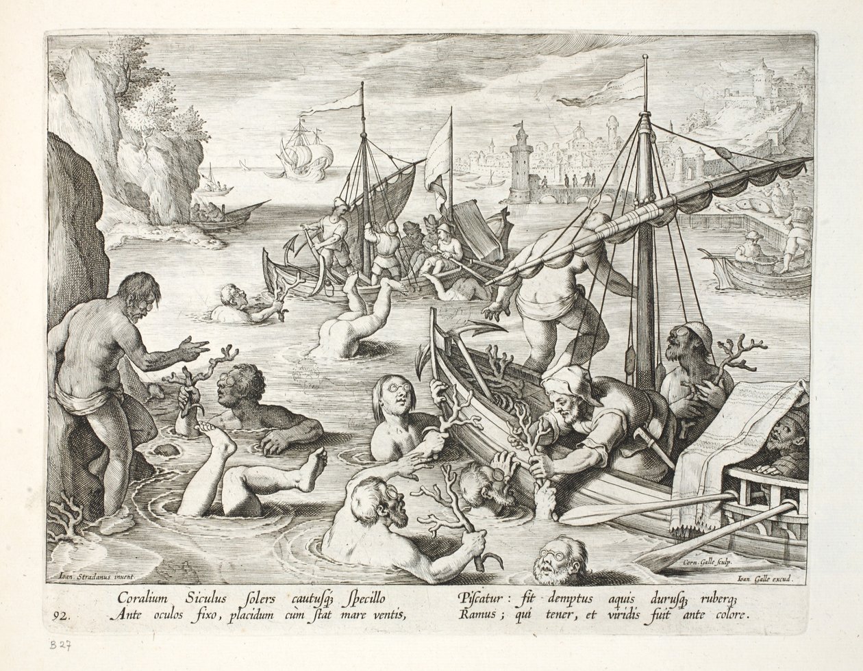 Sukellus korallille, levy 92, kuva julkaisusta "Venationes, Ferarum, Avium, Piscium" (Metsästys: Wild Beasts, Birds, Fish), kaiverrus Jan Collaert (1566-1628), pub. kirjoittanut Phillipus Gallaeus, Amsterdam tekijältä Jan van der Straet