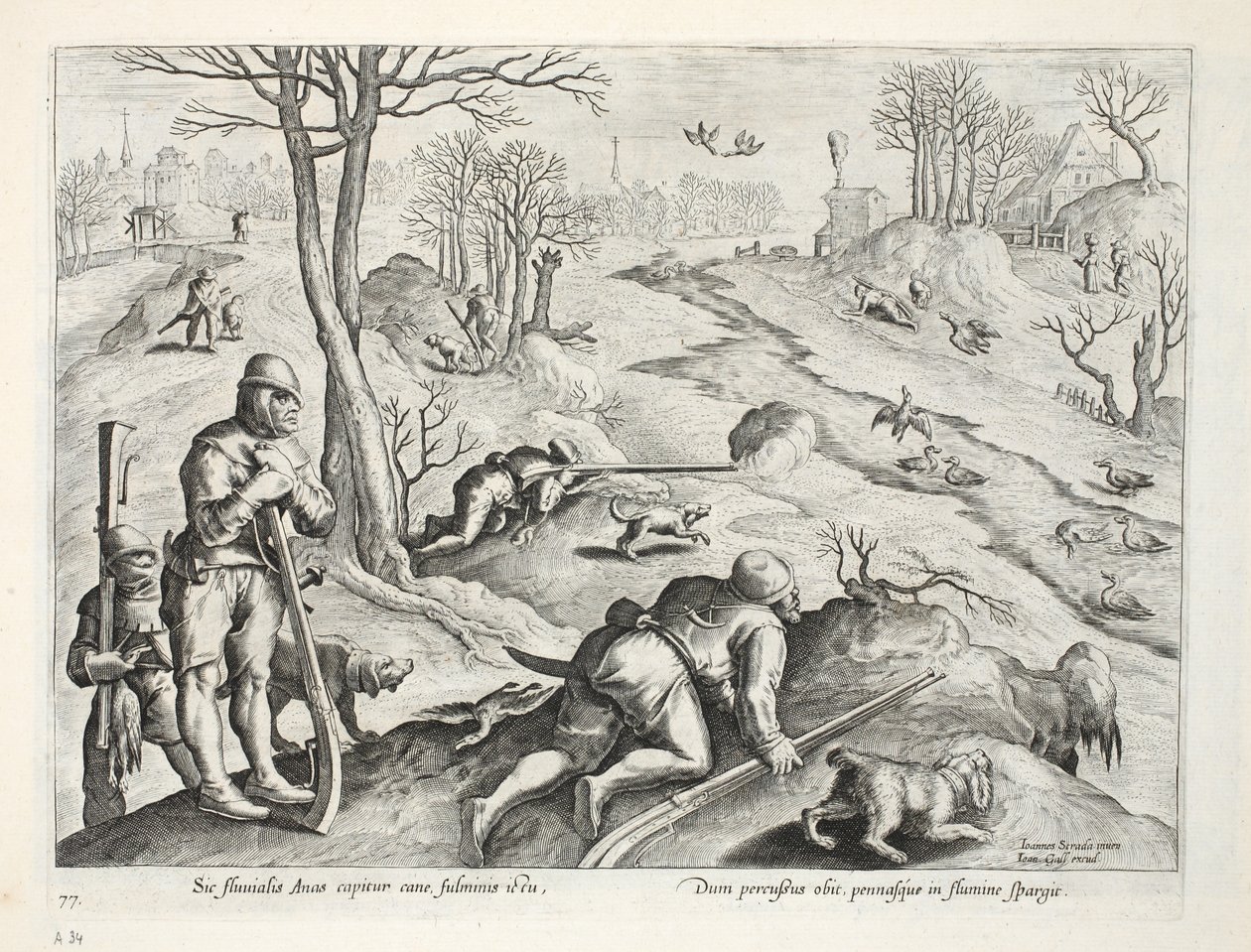 Duck Shooting, kuvitus teoksesta "Venationes, Ferarum, Avium, Piscium" (Metsästys: Wild Beasts, Birds, Fish), kaiverrus Jan Collaert (1566-1628), pub. kirjoittanut Phillipus Gallaeus, Amsterdam tekijältä Jan van der Straet