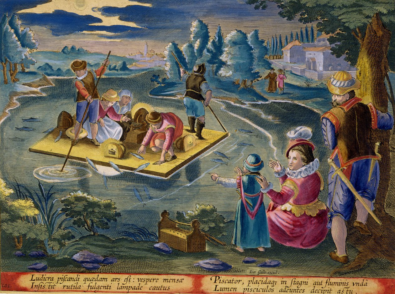 Kalastus järvellä yöllä, levy 101 teoksesta "Venationes Ferarum, Avium, Piscium" (Metsästyksestä: villieläimet, linnut, kalat), jonka on kaiverruttanut Jan Collaert (1566-1628) ja jonka on julkaissut Phillipus Gallaeus, Amsterdam. tekijältä Jan van der Straet