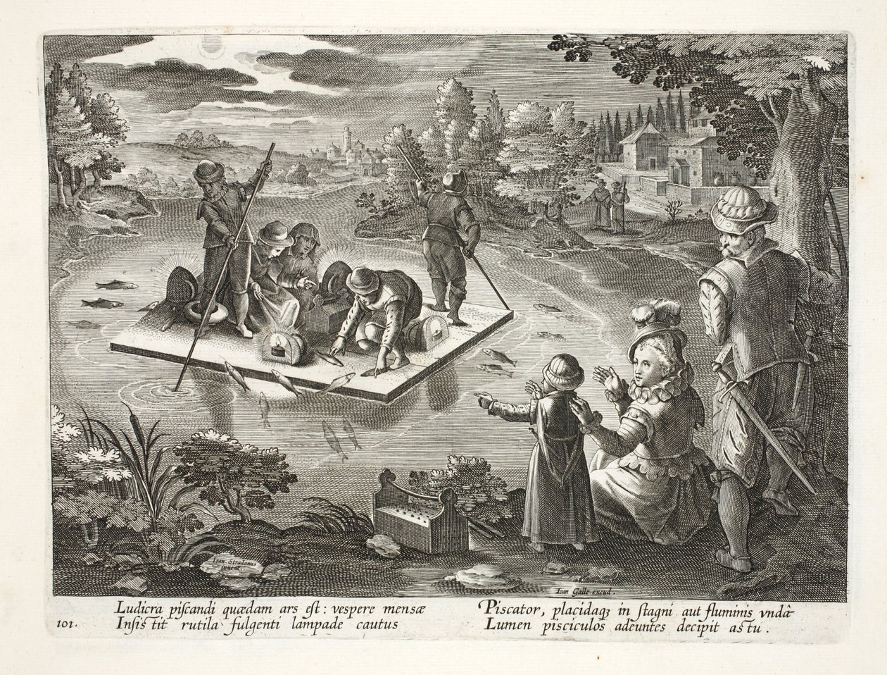 Kalastus järvellä yöllä, levy 101, kuva julkaisusta "Venationes, Ferarum, Avium, Piscium" (Metsästys: Wild Beasts, Birds, Fish), kaiverrus Jan Collaert (1566-1628), pub. kirjoittanut Phillipus Gallaeus tekijältä Jan van der Straet