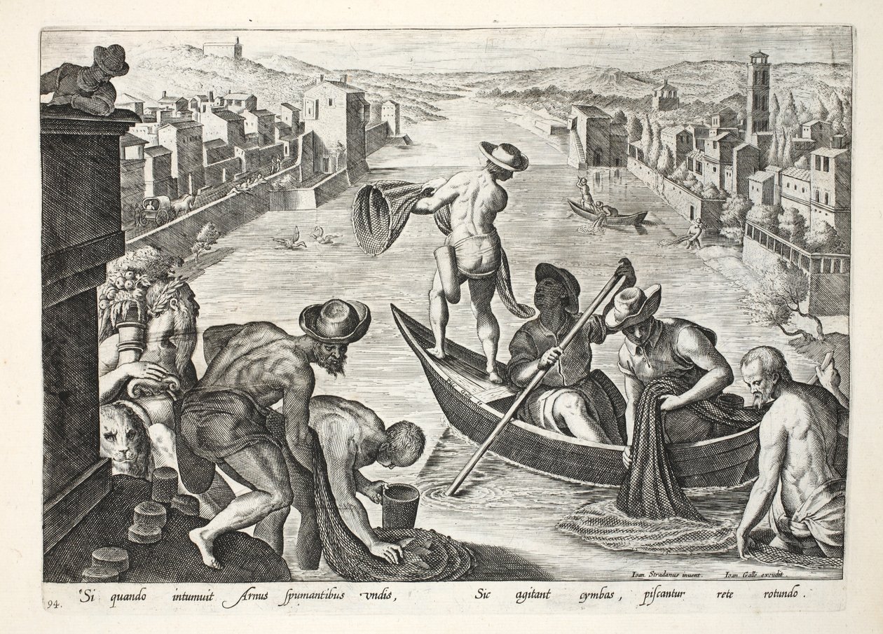 Kalastus Arnolla veneillä ja verkoilla, kuvitus julkaisusta "Venationes, Ferarum, Avium, Piscium" (Metsästys: Wild Beasts, Birds, Fish), kaiverrus Jan Collaert (1566-1628), pub. Kirjailija: Phillipus Gallae tekijältä Jan van der Straet