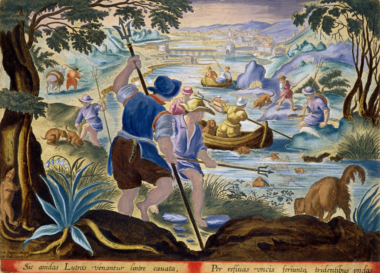 Kalastus kolmijalkojen kanssa, levy 90 teoksesta "Venationes Ferarum, Avium, Piscium" (Metsästyksestä: villieläimet, linnut, kalat), jonka on kaiverruttanut Jan Collaert (1566-1628) ja jonka on julkaissut Amsterdamin Phillipus Gallaeus (käsialaa tekijältä Jan van der Straet
