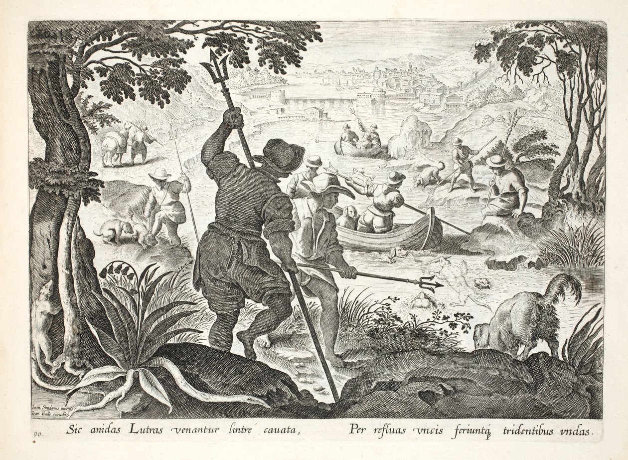 Kalastus kolmijalkojen kanssa, kuva 90, kuvitus teoksesta "Venationes, Ferarum, Avium, Piscium" (Metsästyksestä: villieläimet, linnut, kalat), kaiverrettu Jan Collaertin (1566-1628) toimesta, julkaisija Phillipus Gallaeus, Amste. tekijältä Jan van der Straet
