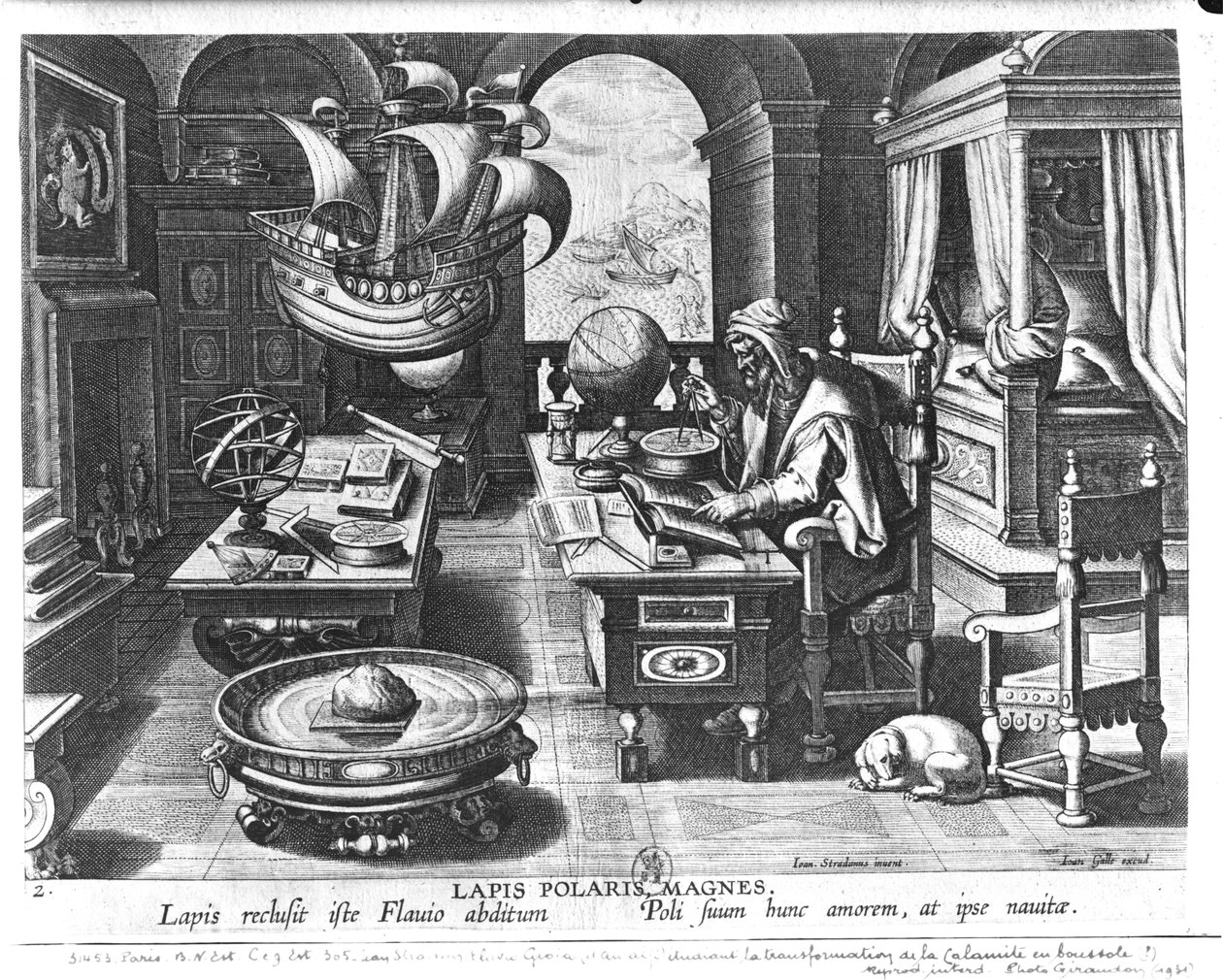 Flavio Gioia Amalfista löytämässä Lodekiven voimaa, Philip Gallen (1537-1612) kaivertaman Nova Repertan (Uudet löydöt) levy 3 n. 1600 tekijältä Jan van der Straet