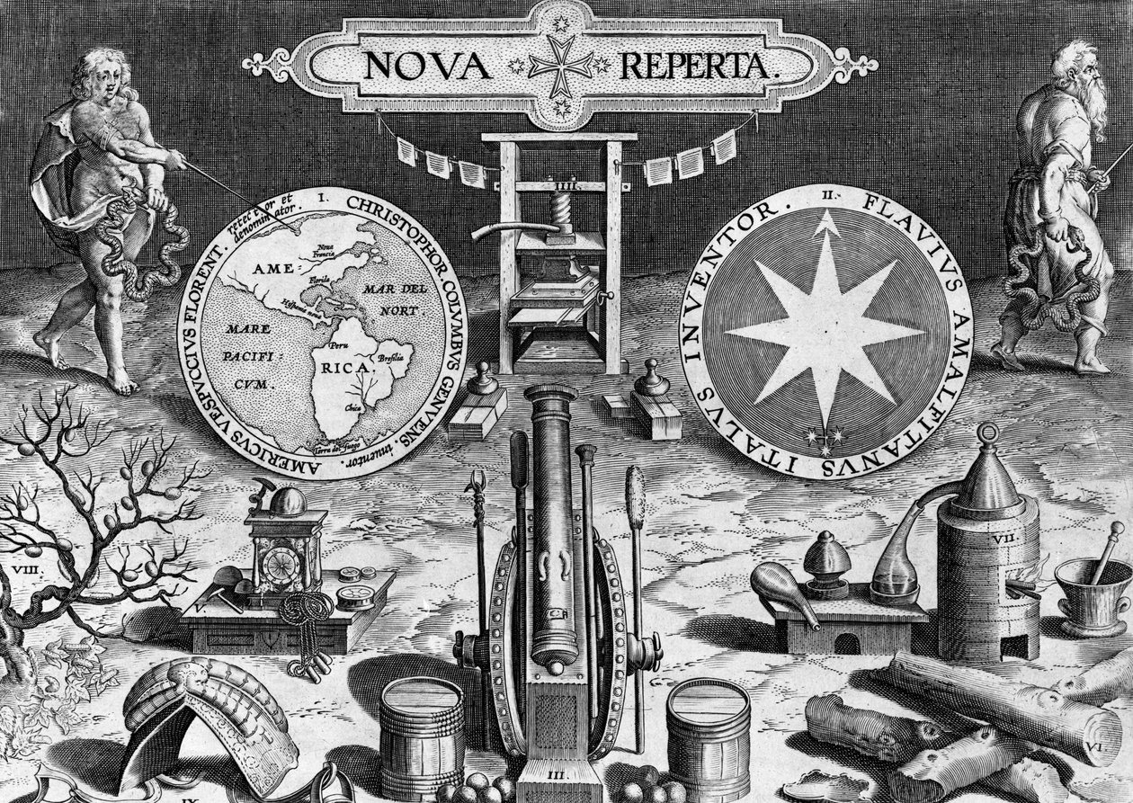 Nova Reperta -teoksen etukuva, kaivertaja Theodor Galle, noin 1580-1605. tekijältä Jan van der Straet