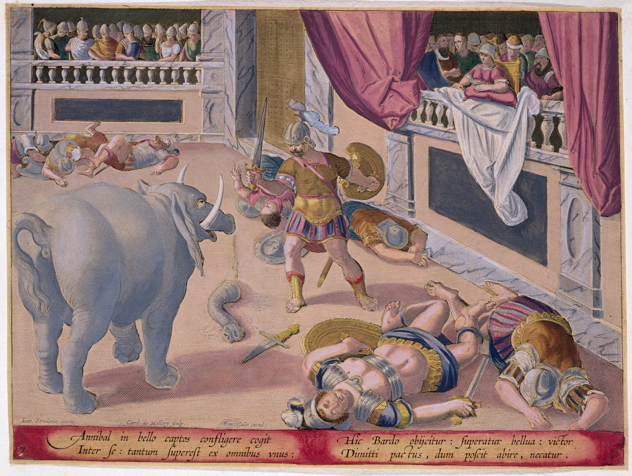Hannibal (247 - n. 183 eKr.) saa tappion saaneet roomalaiset taistelemaan toisiaan vastaan, levy 7 julkaisusta "Venationes Ferarum, Avium, Piscium" (Metsästyksestä: villieläimet, linnut, kalat) kaiverrettu Jan Collaert (1566-1628) julkaissut. tekijältä Jan van der Straet