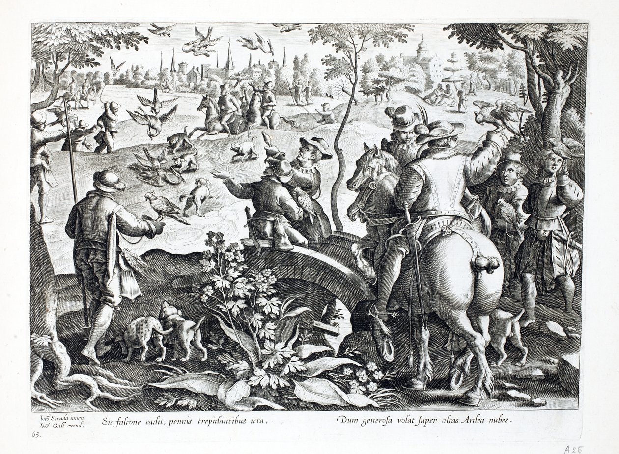Metsästys haukkojen kanssa, kuvitus teoksesta "Venationes, Ferarum, Avium, Piscium" (Metsästyksestä: villieläimet, linnut, kalat), kaiverrettu Jan Collaertin (1566-1628) toimesta, julkaissut Phillipus Gallaeus, Amsterdam (kaiverrus). tekijältä Jan van der Straet