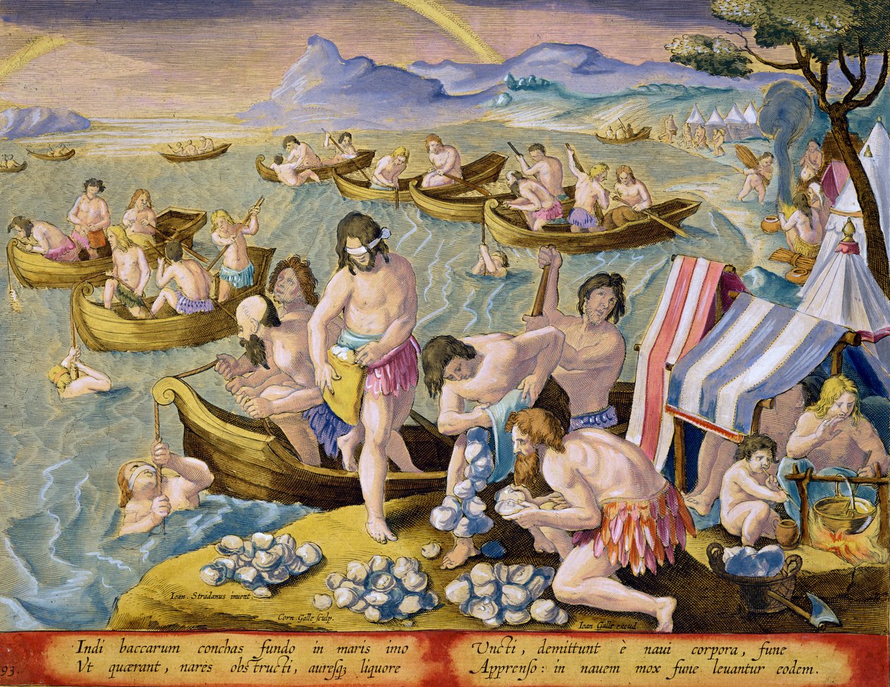 Helmiä etsivät intiaanit, levy 93 julkaisusta "Venationes Ferarum, Avium, Piscium" (Metsästys: Wild Beasts, Birds, Fish), kaiverrettu Jan Collaert (1566-1628), julkaisija Phillipus Gallaeus Amsterdam ( tekijältä Jan van der Straet