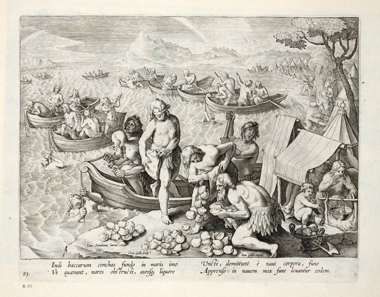 Helmiä etsivät intiaanit, levy 93, kuvitus julkaisusta "Venationes, Ferarum, Avium, Piscium" (Metsästys: Wild Beasts, Birds, Fish), kaiverrus Jan Collaert (1566-1628), pub. kirjoittanut Phillipus Gallaeus, A tekijältä Jan van der Straet