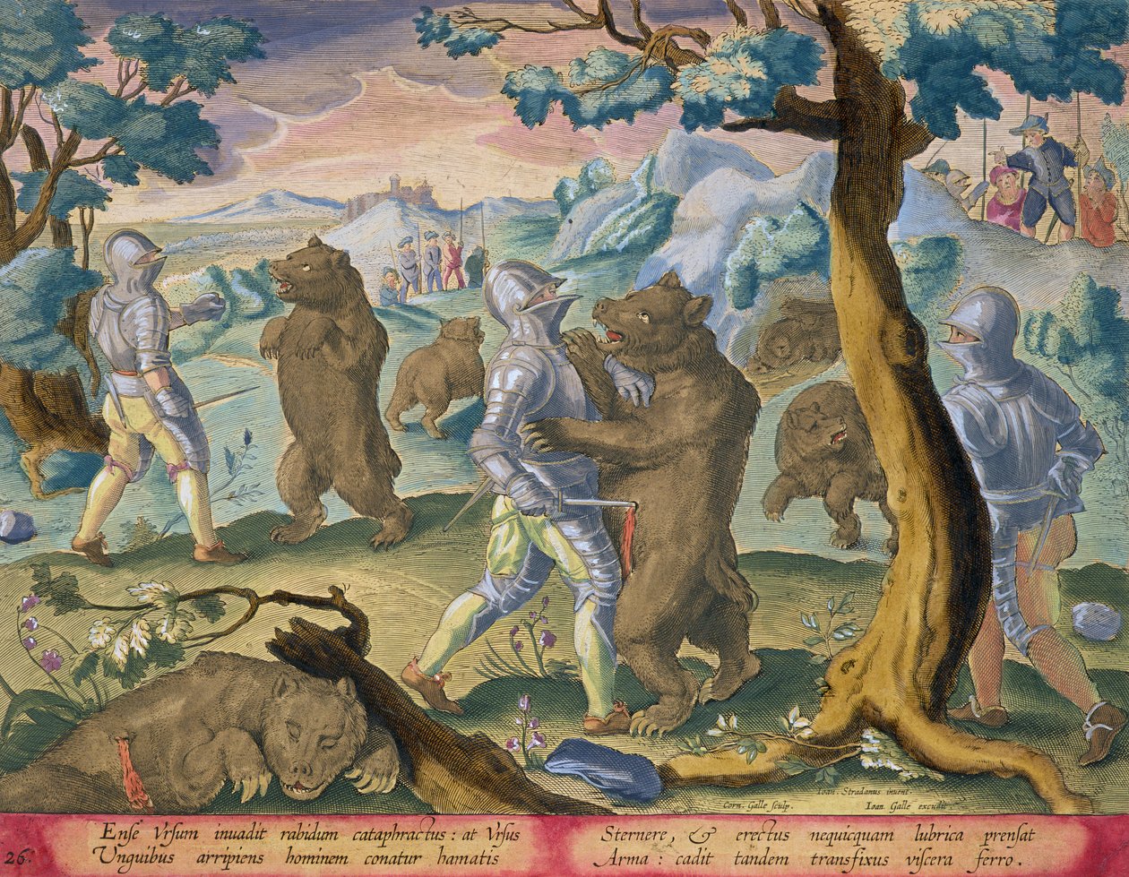Raskaassa panssarissa pukeutuvat miehet hyökkäävät karhuja puukottamalla niitä vitaaliin, levy 26 julkaisusta "Venationes Ferarum, Avium, Piscium" (Metsästys: Wild Beasts, Birds, Fish), jonka kaiverrus Jan Collaert (1566-1628) julkaisee tekijältä Jan van der Straet