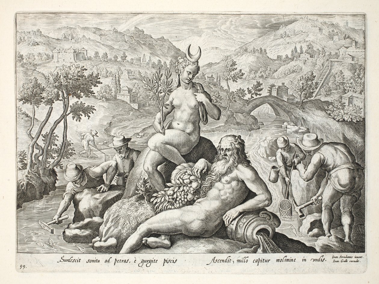 Menetelmä kalojen pyytämiseksi verkkoihin koputtamalla kiviä vasten, kuvitus teoksesta "Venationes, Ferarum, Avium, Piscium" (Metsästys: Wild Beasts, Birds, Fish), kaiverrus Jan Collaert (1566-1628), pub. tekijältä Jan van der Straet
