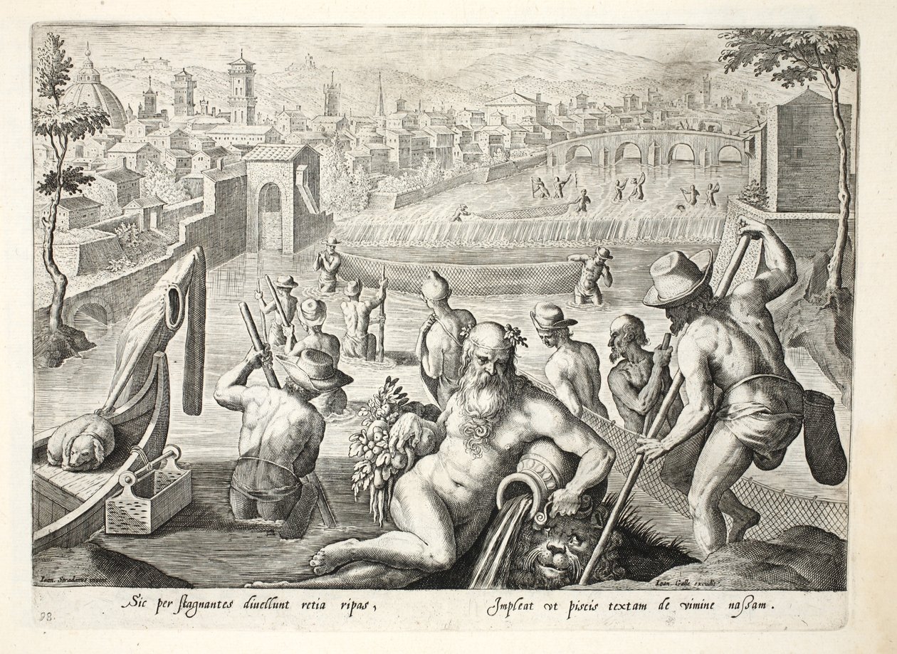 Kalanpyyntimenetelmä matalassa vedessä verkoilla, kuvitus teoksesta "Venationes, Ferarum, Avium, Piscium" (Metsästys: Wild Beasts, Birds, Fish), kaiverrus Jan Collaert (1566-1628), pub. kirjoittanut Phill tekijältä Jan van der Straet