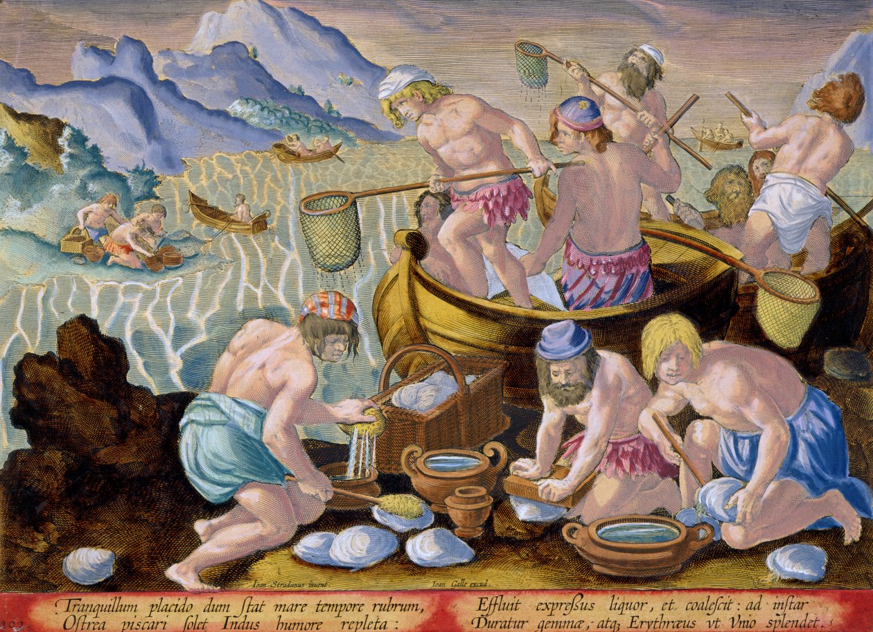 Alkuperäiset kalastavat jättiläissimpukoita Induksella, levy 102 julkaisusta "Venationes Ferarum, Avium, Piscium" (Metsästys: Wild Beasts, Birds, Fish), kaiverrettu Jan Collaert (1566-1628), julkaisija Phillipus Gal tekijältä Jan van der Straet