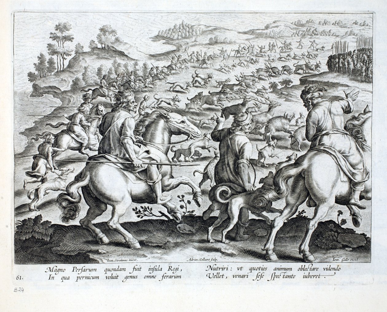 Persian hallitsija antaa metsästyskäskyn, kuvitus kirjasta "Venationes, Ferarum, Avium, Piscium" (Metsästys: Wild Beasts, Birds, Fish), kaiverrus Jan Collaert (1566-1628), pub. kirjoittanut Phillipus Gall tekijältä Jan van der Straet