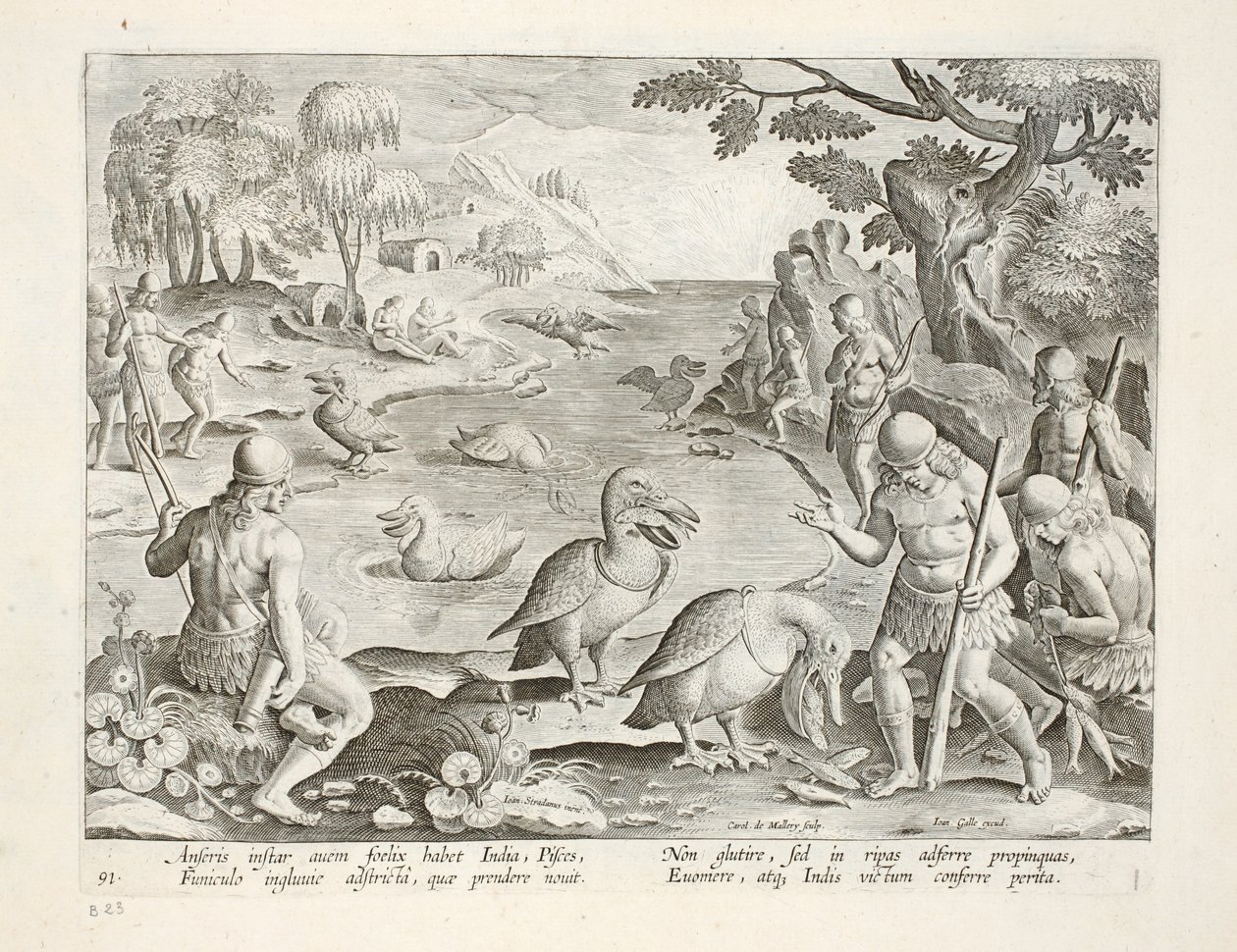 Intian puolialastomat villit käyttävät pelikaaneja kalanpyyntiin, kuva 91, kuvitus teoksesta "Venationes, Ferarum, Avium, Piscium" (Metsästyksestä: villieläimet, linnut, kalat), kaiverrettu Jan Collaertin (1566-1628) toimesta. tekijältä Jan van der Straet