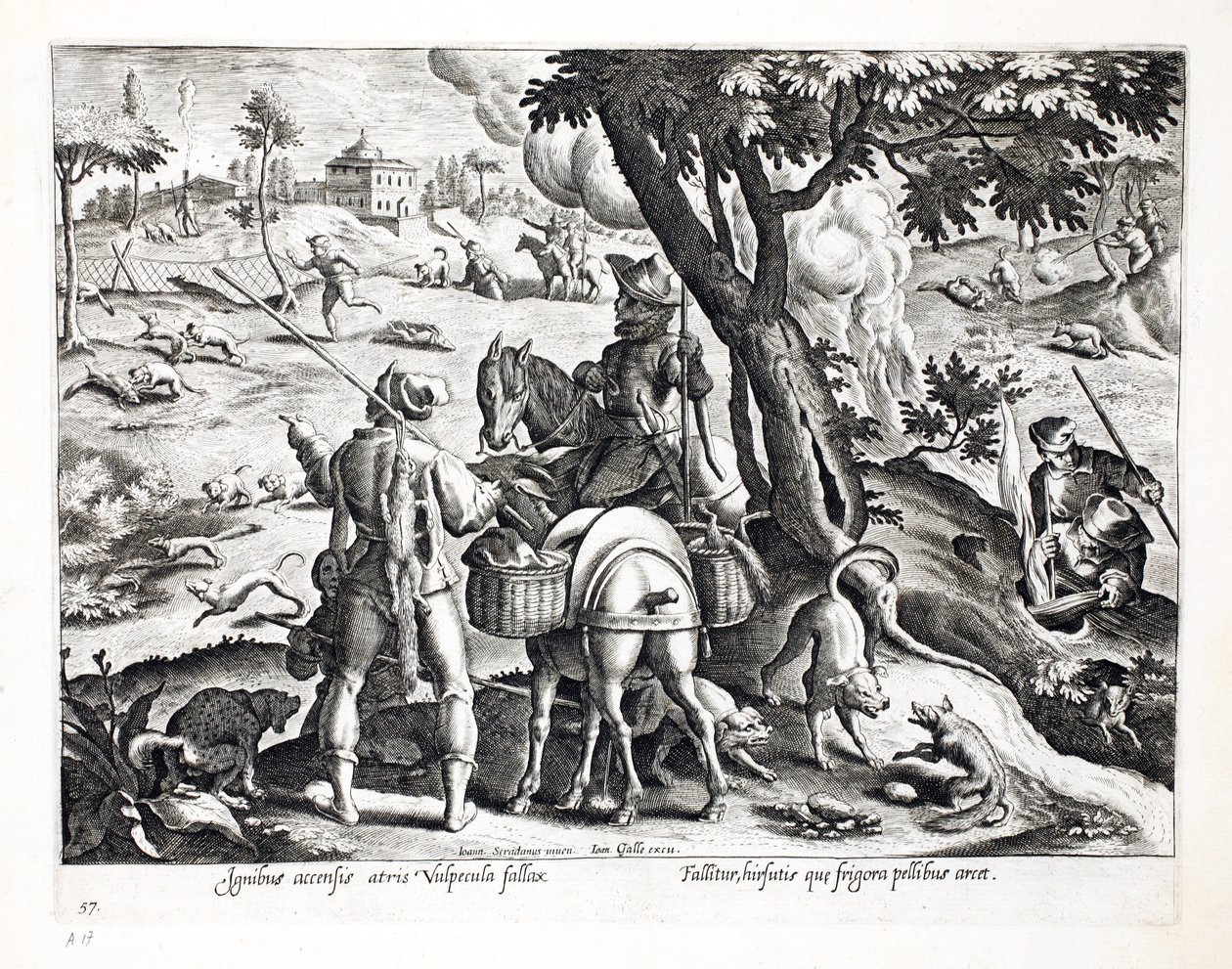 Tupakoiva musta kettu luolistaan, kuvitus teoksesta "Venationes, Ferarum, Avium, Piscium" (Metsästys: Wild Beasts, Birds, Fish), kaiverrus Jan Collaert (1566-1628), pub. kirjoittanut Phillipus Gallaeus tekijältä Jan van der Straet
