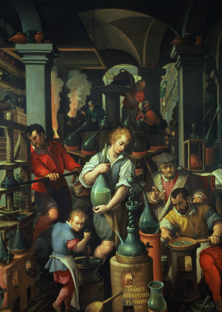 Alkemistin työpaja, 1570 (öljy liuskekivellä) tekijältä Jan van der Straet