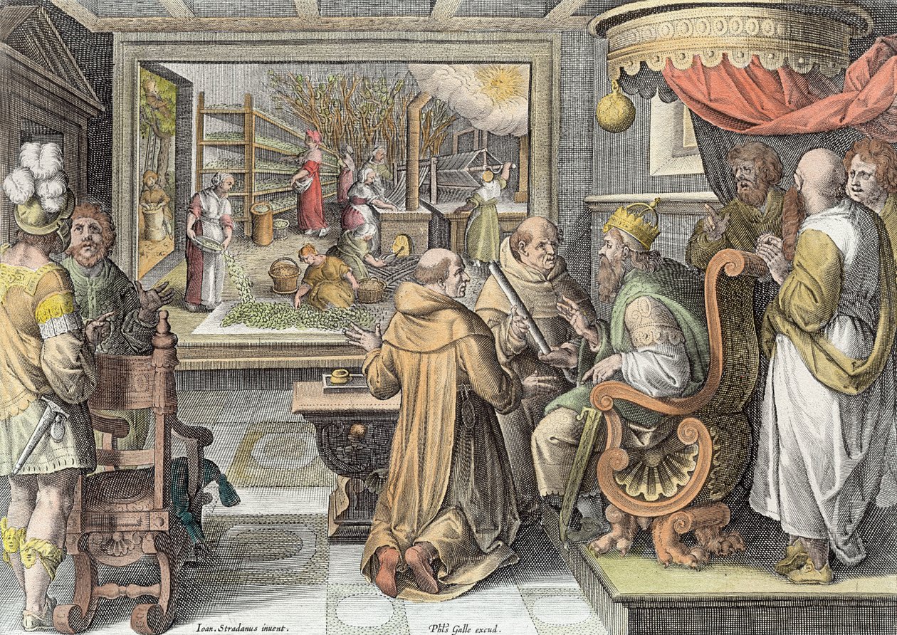 Silkkiteollisuuden alku Euroopassa, Philip Gallen (1537-1612) kaivertama Nova Repertan (Uudet löydöt) levy 9 n. 1600 (myöhempi väritys) tekijältä Jan van der Straet