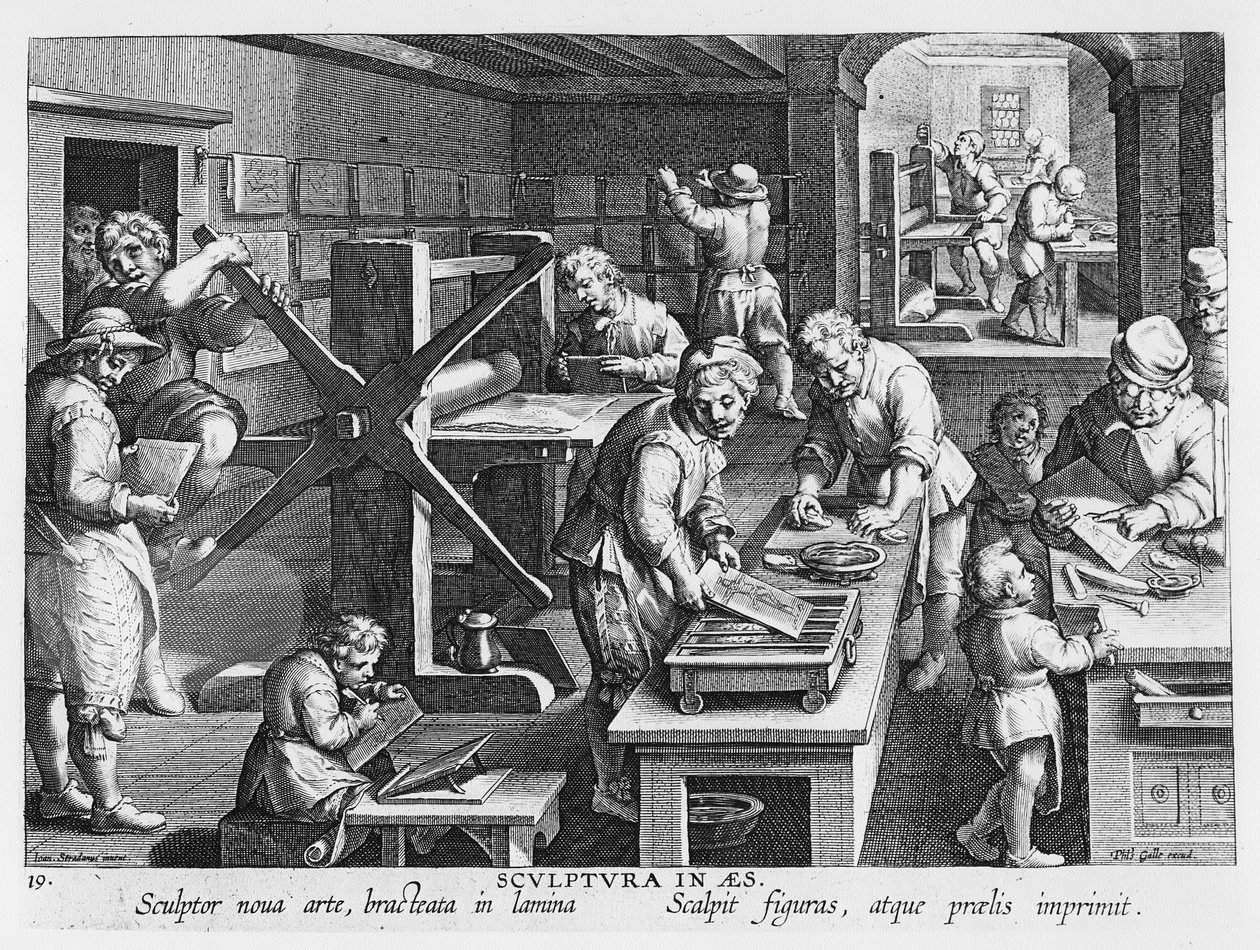 The Invention of Copper Engraving, Philip Gallen (1537-1612) kaivertaman Nova Repertan (Uudet löydöt) levy 20 n. 1600 tekijältä Jan van der Straet