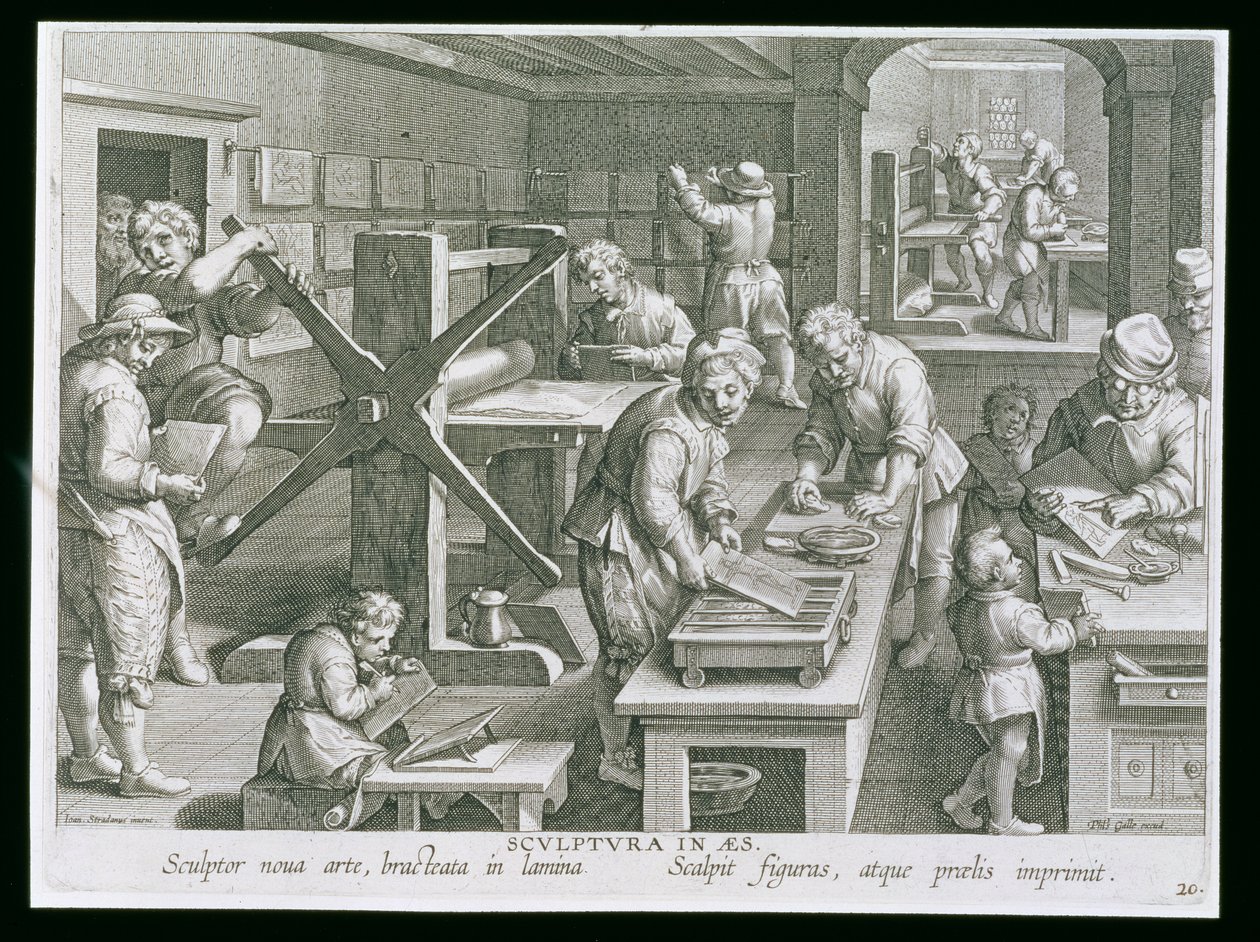 The Invention of Copper Engraving, Philip Gallen (1537-1612) kaivertaman Nova Repertan (Uudet löydöt) levy 20 n. 1600 tekijältä Jan van der Straet