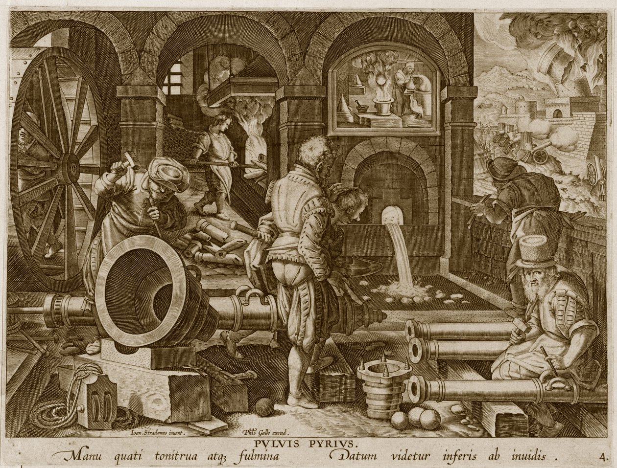 Ruudin keksintö ja pronssitykin ensimmäinen valu, Philip Gallen (1537-1612) kaivertaman Nova Repertan (Uudet löydöt) levy 4 n. 1600 tekijältä Jan van der Straet