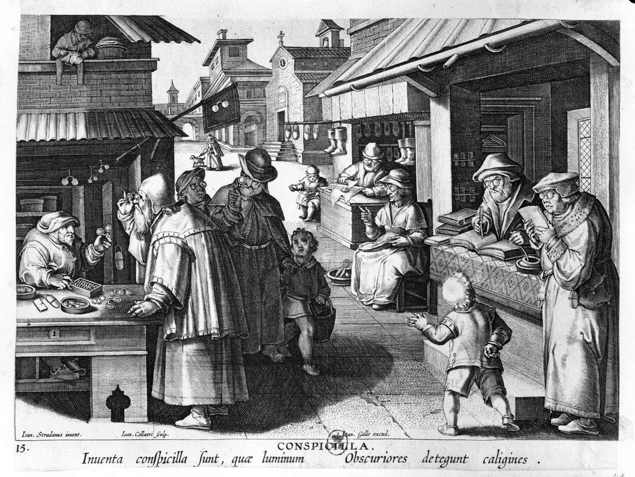 Silmälasien myyjä, kaiverrus Jan Collaert ja Joan Galle (1600-76) tekijältä Jan van der Straet