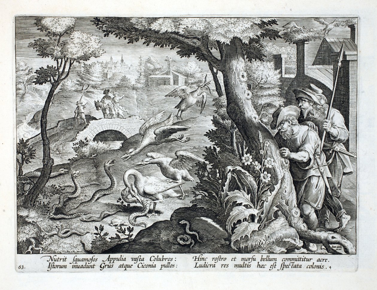 Torninosturi ja niiden poikaset syöksyvät alas käärmeille, kuvitus teoksesta "Venationes, Ferarum, Avium, Piscium" (Metsästys: Wild Beasts, Birds, Fish), kaiverrus Jan Collaert (1566-1628), pubi. kirjoittanut Phil tekijältä Jan van der Straet