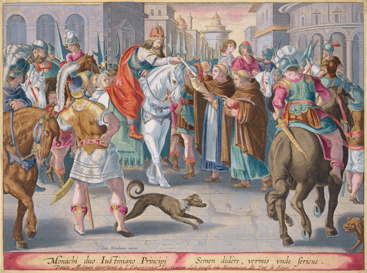 Kaksi munkkia esittelee Kiinasta salakuljetettuja silkkiäistoukkia keisari Justinianukselle, Philip Gallen (1537-1612) kaivertaman Vermis Sericuksen (Silkkiäistoukkien) levy 2 tekijältä Jan van der Straet
