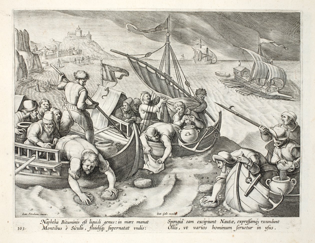 Sienten käyttö teollisuusbensiinin keräämiseen aaltojen pinnalta, levy 86, kuvitus teoksesta "Venationes, Ferarum, Avium, Piscium" (Metsästys: Wild Beasts, Birds, Fish), kaiverrus Jan Collaert (1566) tekijältä Jan van der Straet