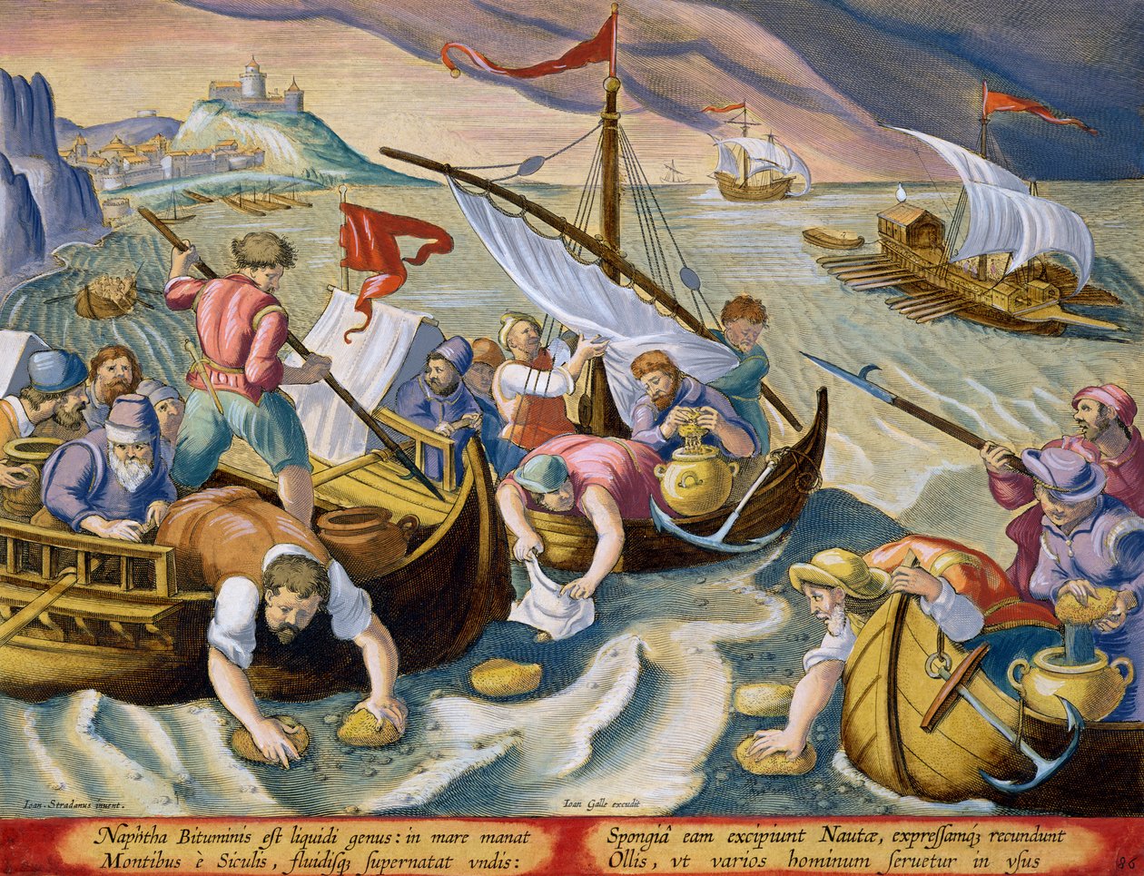 Sienten käyttö teollisuusbensiinin keräämiseen aaltojen pinnalta, levy 86 julkaisusta "Venationes Ferarum, Avium, Piscium" (Metsästyksestä: Wild Beasts, Birds, Fish) kaiverrettu Jan Collaert (1566-1628) julkaistiin tekijältä Jan van der Straet