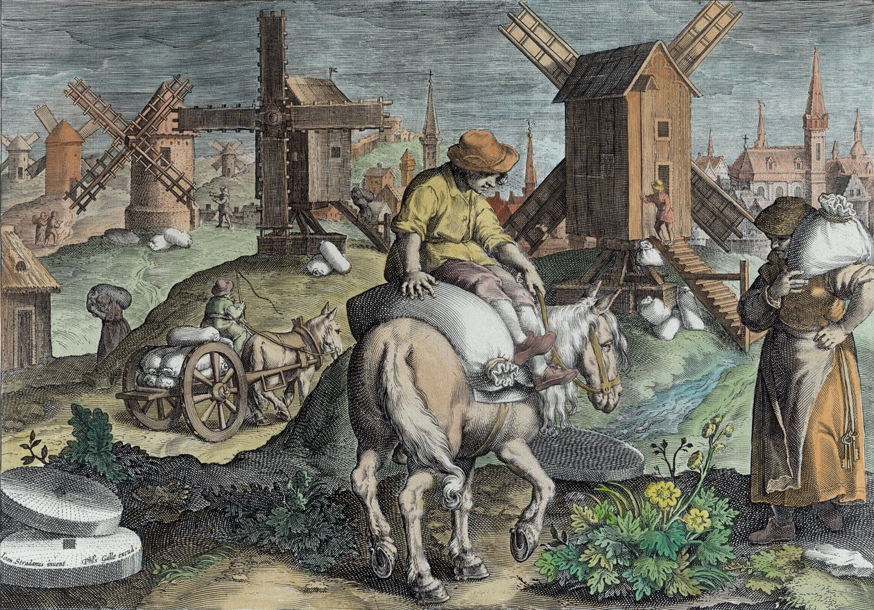 Tuulimyllyt, levy 12 teoksesta "Nova Reperta" (Uudet löydöt), kaiverrettu Philip Gallen (1537-1612) noin 1600 (myöhempi väritys). tekijältä Jan van der Straet
