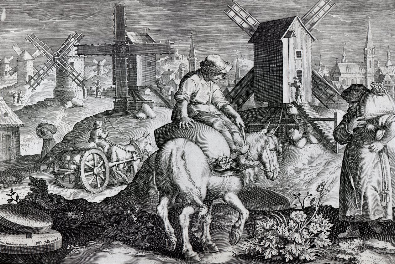 Tuulimyllyt, levy 12 Nova Repertasta, kaiverrus Philip Galle, n. 1580-1605 tekijältä Jan van der Straet