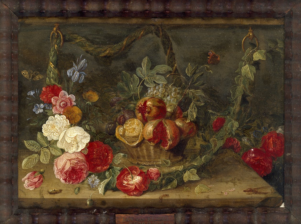 Koristeellinen asetelma ja hedelmäkori (öljy kuparilla) tekijältä Jan van Kessel the Elder