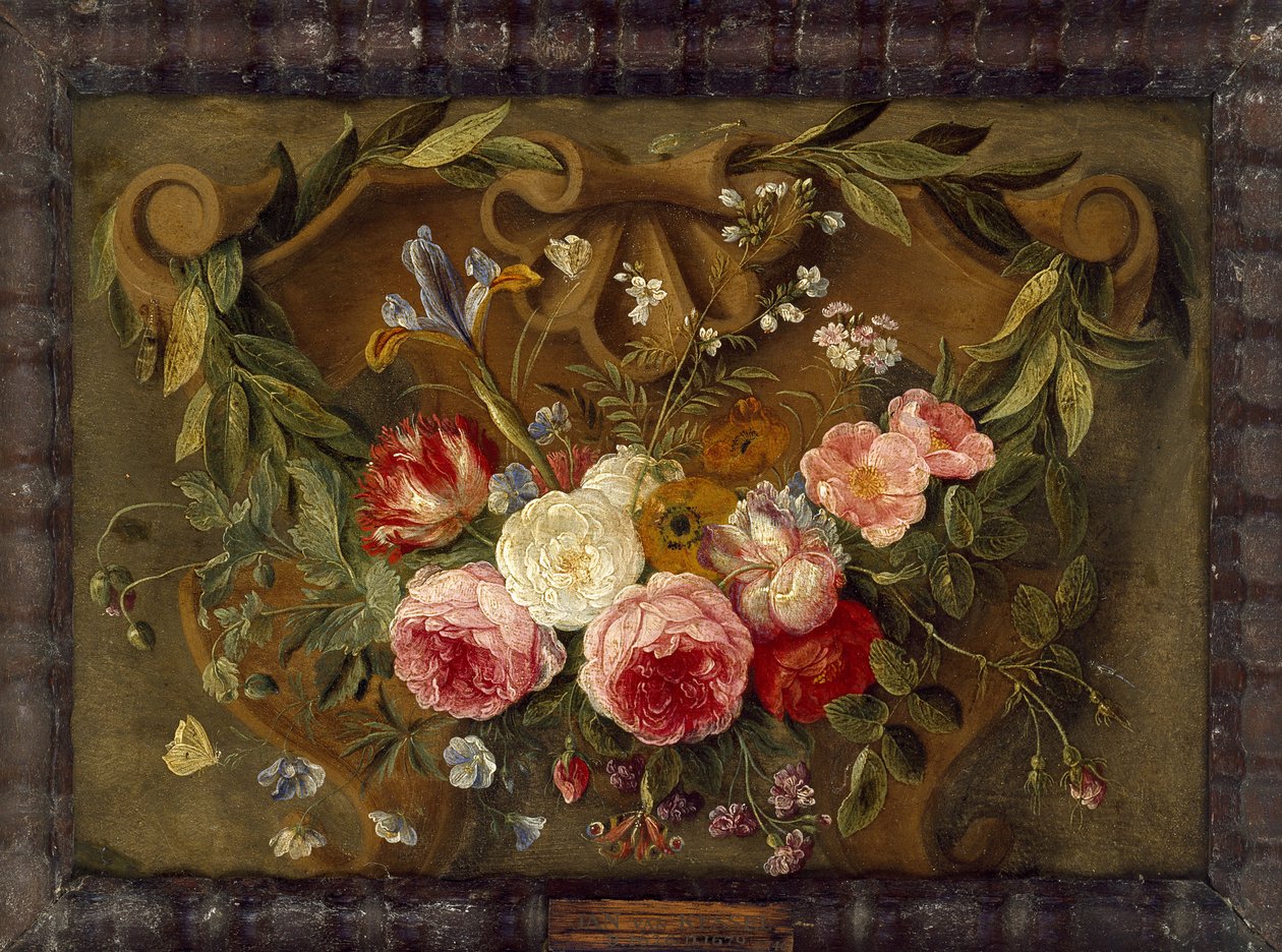 Koristeellinen asetelma, jossa on kukkaseppele (öljy kuparille) tekijältä Jan van Kessel the Elder