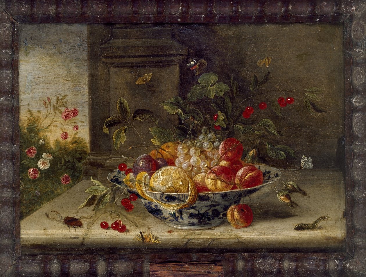 Koristeellinen asetelma, jossa on posliinikulho, hedelmiä ja hyönteisiä (öljy kuparille). tekijältä Jan van Kessel the Elder