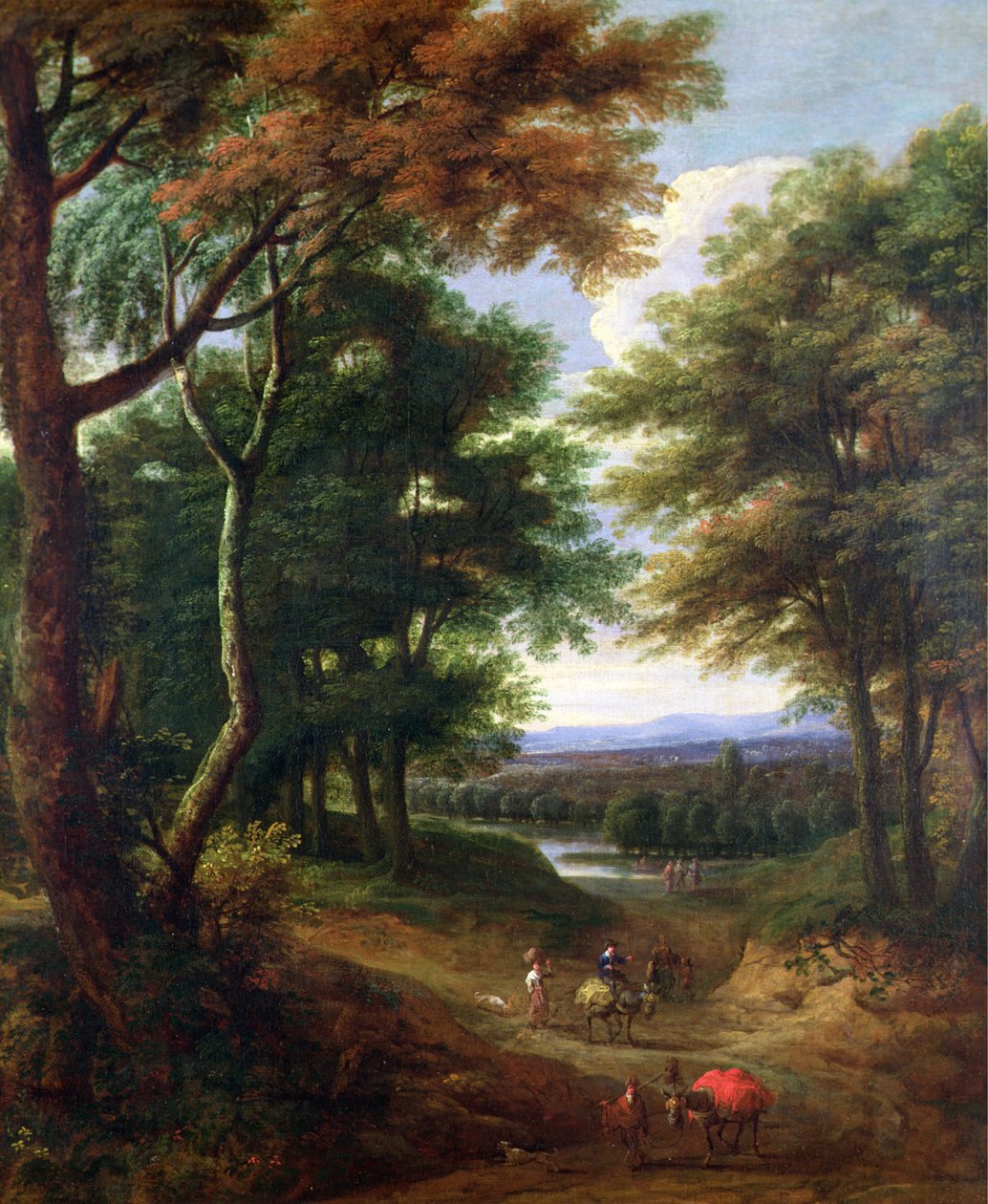 Metsäinen maisema, jossa kulkijoita polulla tekijältä Jan Baptist Huysmans